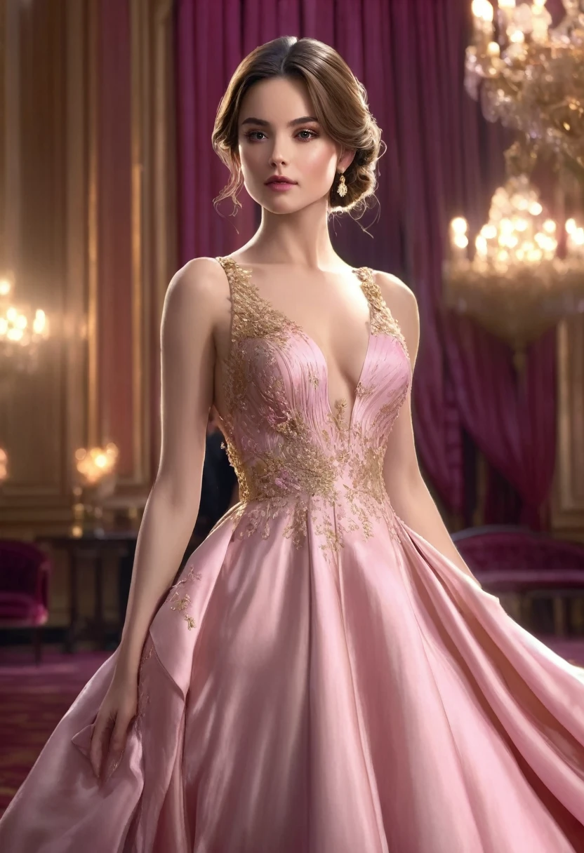 1 woman, inside a ballroom, wearing an elegant pink evening dress, detailed facial features, feminine brown eyes, detailed white skin, , golden brown hair, full body shot, dramatic lighting, cinematic composition, cool palette, dark colors, atmospheric haze, strong body, thin chin, adult woman, (best quality, 4K, 8K, high resolution, art: 1.2), ultra detailed, (realistic, photorealistic, photorealistic: 1.37)