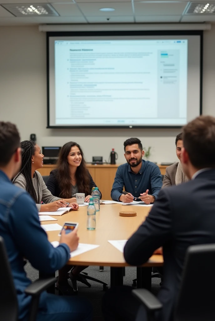 Image of 14 students at round table talking in classroom at university horizontal