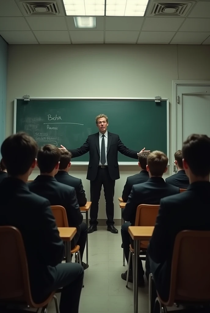 Inside the classroom, depict the teacher scolding all the students who are wearing black