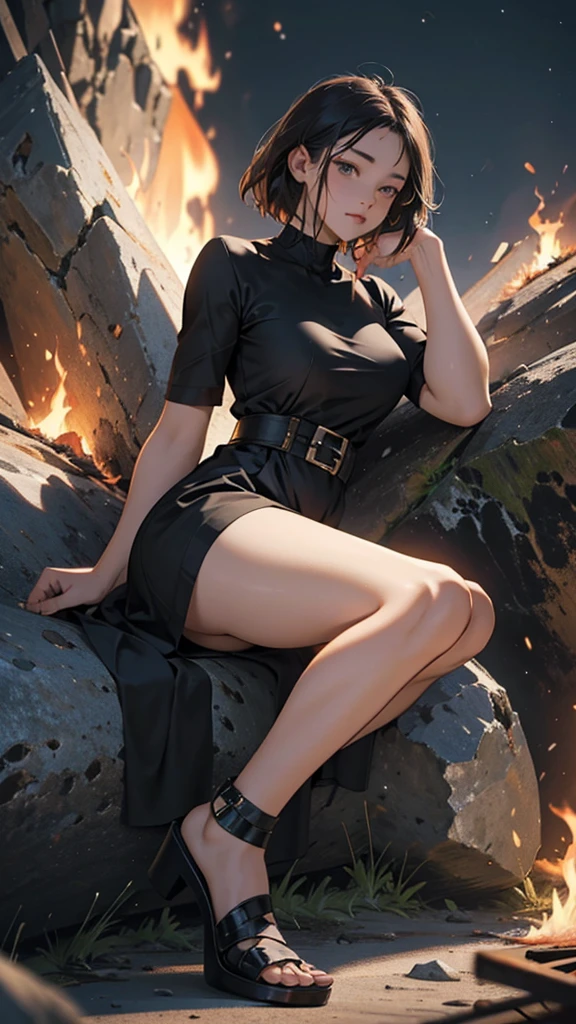 A young woman is sitting on top of a mountain, she is wearing a short sexy dress, her hips are big, liquor bottles are kept nearby, a fire is burning, it is evening time.