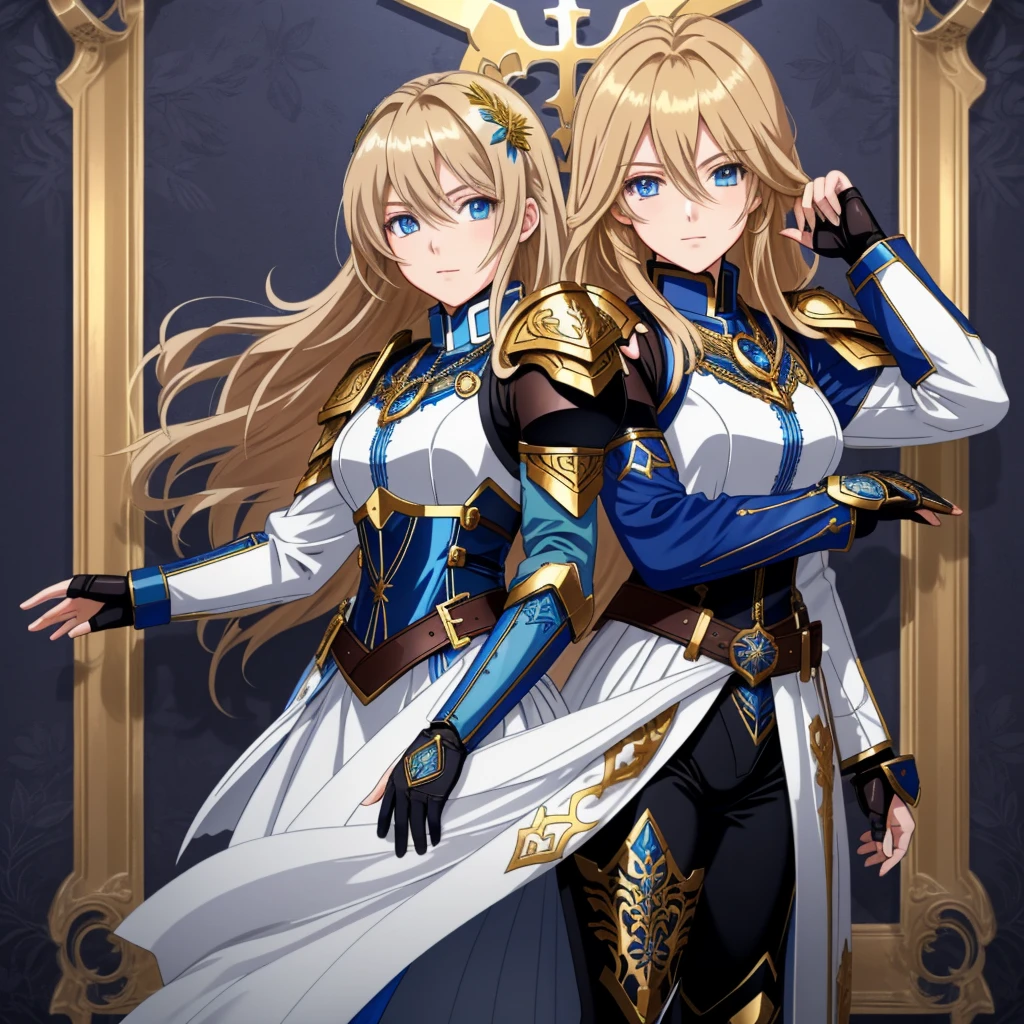 masterpiece, Highest quality, Highest quality whole body, A full-body portrait of two person a young woman in anime style, with long, light blonde hair, framed by a white mantle adorned with golden details. She has intense blue eyes and wears a form-fitting blue armor with intricate engravings of leaves and flowers, and golden metal pieces covering her shoulders and arms. A dark brown leather belt with metallic buckles secures her armor at the waist. She wears brown leather boots. A cross-shaped pendant adorns her chest. The background features a blue sky with fluffy clouds, highlighting her majestic and noble appearance, visible from head to toe, wear tight pants. The second young man in anime style, with short, dark hair. he has intense blue eyes and wears a form-fitting blue armor with intricate engravings of leaves and flowers, and golden metal pieces covering her shoulders and arms. A dark brown leather belt with metallic buckles secures her armor at the waist. he wears brown leather boots, both are standing in a dynamic action pose. A cross-shaped pendant adorns her chest. The background features a blue sky with fluffy clouds, highlighting her majestic and noble appearance, visible from head to toe, wear tight pants