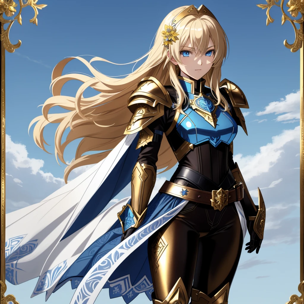 masterpiece, Highest quality, Highest quality　whole body, A full-body portrait of two person a young woman in anime style, with long, light blonde hair, framed by a white mantle adorned with golden details. She has intense blue eyes and wears a form-fitting blue armor with intricate engravings of leaves and flowers, and golden metal pieces covering her shoulders and arms. A dark brown leather belt with metallic buckles secures her armor at the waist. She wears brown leather boots. A cross-shaped pendant adorns her chest. The background features a blue sky with fluffy clouds, highlighting her majestic and noble appearance, visible from head to toe, wear tight pants. The second young man in anime style, with short, dark hair. he has intense blue eyes and wears a form-fitting blue armor with intricate engravings of leaves and flowers, and golden metal pieces covering her shoulders and arms. A dark brown leather belt with metallic buckles secures her armor at the waist. he wears brown leather boots, both are standing in a dynamic action pose. A cross-shaped pendant adorns her chest. The background features a blue sky with fluffy clouds, highlighting her majestic and noble appearance, visible from head to toe, wear tight pants

