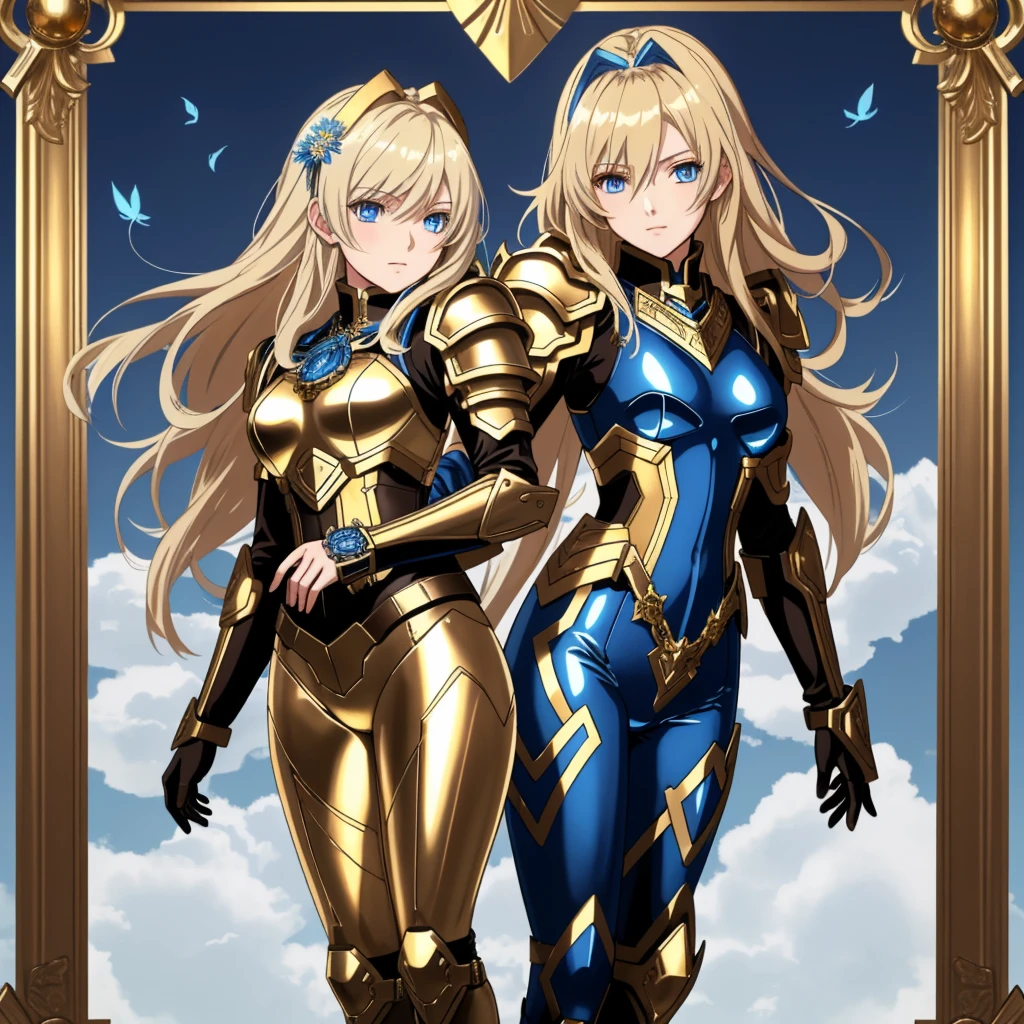 masterpiece, Highest quality, Highest quality whole body, A full-body portrait of two person a young woman in anime style, with long, light blonde hair, framed by a white mantle adorned with golden details. She has intense blue eyes and wears a form-fitting blue armor with intricate engravings of leaves and flowers, and golden metal pieces covering her shoulders and arms. A dark brown leather belt with metallic buckles secures her armor at the waist. She wears brown leather boots. A cross-shaped pendant adorns her chest. The background features a blue sky with fluffy clouds, highlighting her majestic and noble appearance, visible from head to toe, wear tight pants. The second young man in anime style, with short, dark hair. he has intense blue eyes and wears a form-fitting blue armor with intricate engravings of leaves and flowers, and golden metal pieces covering her shoulders and arms. A dark brown leather belt with metallic buckles secures her armor at the waist. he wears brown leather boots, both are standing in a dynamic action pose. A cross-shaped pendant adorns her chest. The background features a blue sky with fluffy clouds, highlighting her majestic and noble appearance, visible from head to toe, wear tight pants