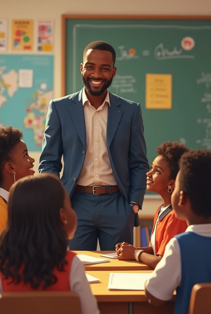 An African teacher in a suit smiling with his students in class 