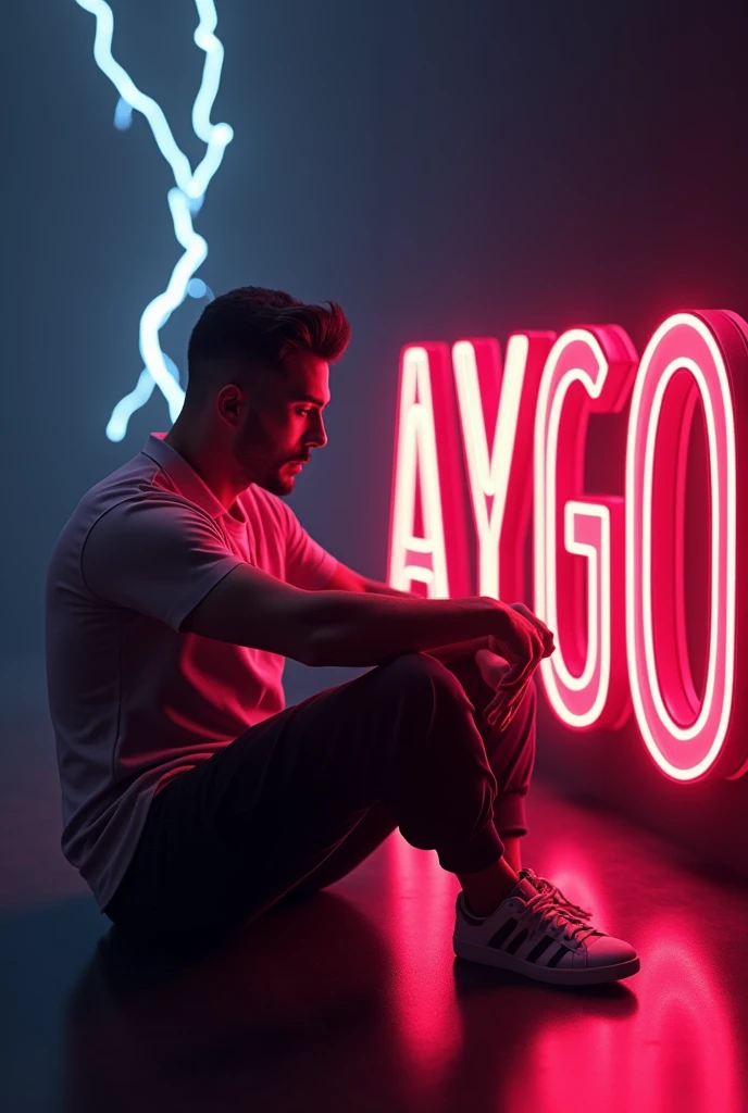 A guy sitting beside the name text “AYGO” with Blue neon Lightning effects 3D Pic hot Pic without Clothes from side face