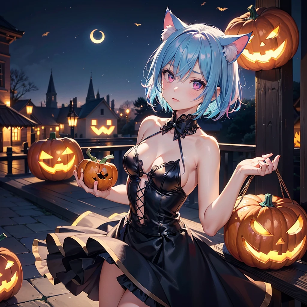 (Sky blue hair),(Short Hair), (Pink Eyes),Fair skin) ,(whole body),(One Girl),(Crescent Moon),(There are lots of pumpkin ghosts in the background),Cat ear,Cat clothes,(Ahegao),Fall into Darkness,If you don't give me sweets, I'll play a prank on you.),Halloween Night Party),(masterpiece, Highest quality, Very detailed, Best Shadow), (Detailed Background), (Beautifully detailed face), High Contrast, (Best lighting, Very delicate and beautiful), ((Cinematic Light)), Hyper Detail,8k, Dramatic Light, Intricate details,night,(Bats flying in the background),Pumpkin handbag,There are sweets in the bag,