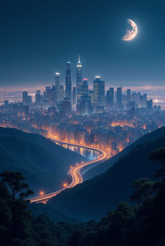 A city seen from a hill at night