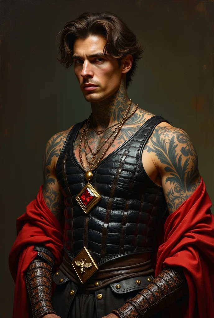 {{Masterpiece, best quality, oil painting, by Franz von Stuck, by James Tissot, male focus, muted colors}}, the composition is: (((((very dramatic half body portrait of a pensive 30 year old nobleman, sexy, brown skin, tan, confident, magnificent, disheveled brown hair. Tattoos, His face is tattooed))))). ((((He is wearing a silken, black and red ancient guard armor with ronin inspired elements, made of crocodile leather, with tortoiseshell elements, he is wearing a red diamond shape pendant, and a golden moth badge)))).

