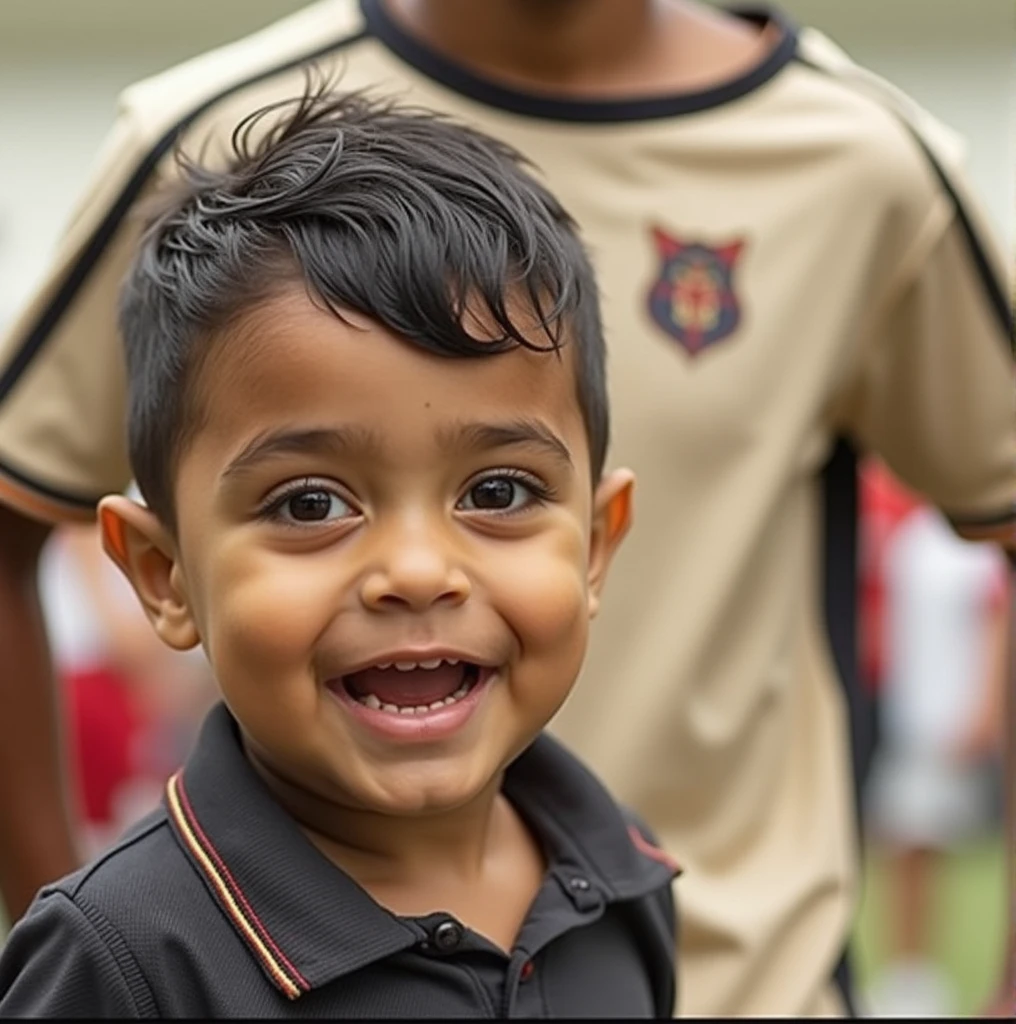 chubby little boy with brown skin, with thin black hair, with the Corinthians shirt, 