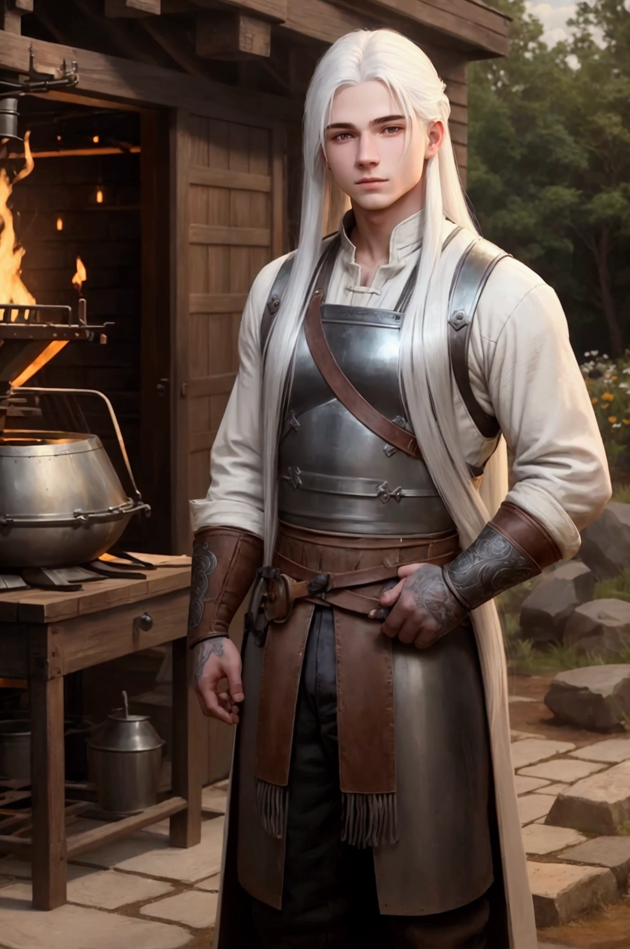 pale strong young man, standing in front of the forge, wearing blacksmith clothes, long white straight hair, outdoors, soft lighting, forge in background, relaxed pose, realistic, intricate details, warm colors