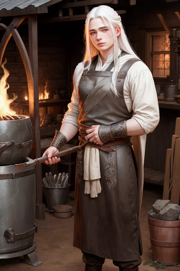 pale strong young man, standing in front of the forge, wearing blacksmith clothes, long white straight hair, outdoors, soft lighting, forge in background, relaxed pose, realistic, intricate details, warm colors