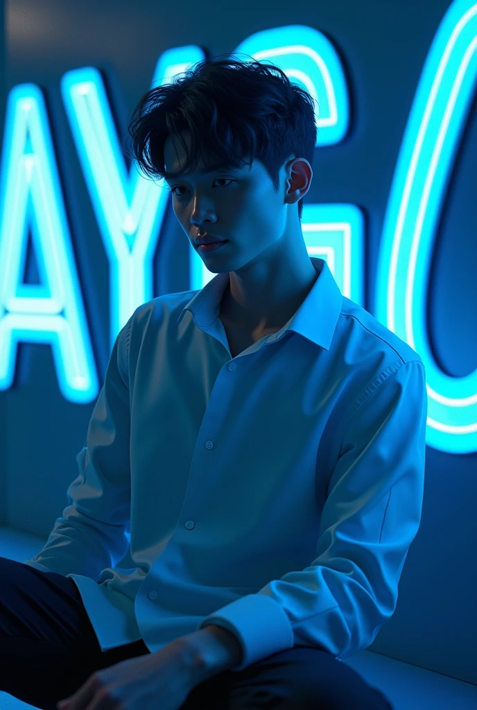 A guy sitting beside the name text “AYGO” with Blue neon Lightning effects 3D Pic hot Pic without Clothes from side face asian look
