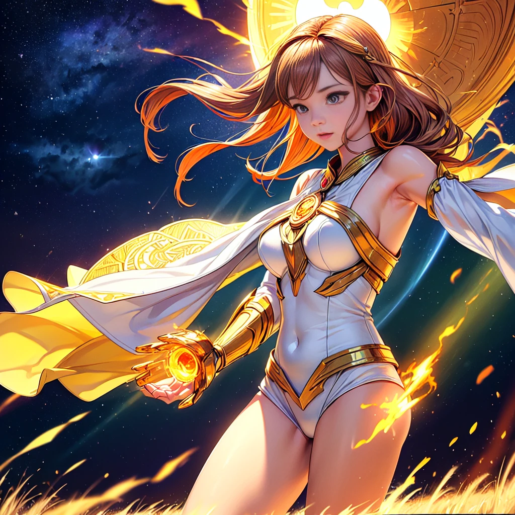 (Solara - Guardian of the Sun:1.4), (masterpiece:1.4, best quality), (photo realistic:1.4), radiant and powerful, with an aura of blazing sunlight, golden skin that glows with warmth and energy, (long, flowing hair made of golden flames:1.2), (bright, amber eyes that shine like the sun:1.2), dressed in armor crafted from sun-forged metal, intricately designed with solar motifs, (sun rays emanating from behind her, creating a halo effect:1.2), holding a radiant sun-shaped shield and a blazing spear, (background of a bright, clear sky with the sun at its zenith:1.2), (fields of golden wheat swaying in the sunlight:1.2), rich textures, warm and vibrant colors, (deep golds:1.2), (fiery oranges:1.2), (soft, glowing whites:1.2), (dynamic composition with flowing lines and radiant light:1.2), high-quality and detailed, (empowering and majestic atmosphere:1.2), transcendent and awe-inspiring, perfect image quality, symbolizing the strength, warmth, and life-giving power of the sun, captivating and majestic presence