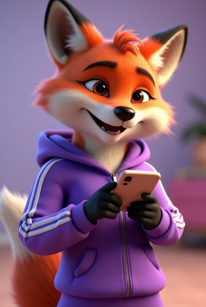 A 3D Disney Pixar style fox wearing a purple tracksuit holding a cellphone and looking intently at it and happy