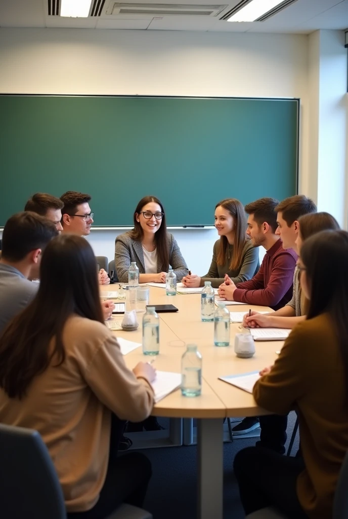 Image of 14 young students at round table talking in classroom at university horizontal