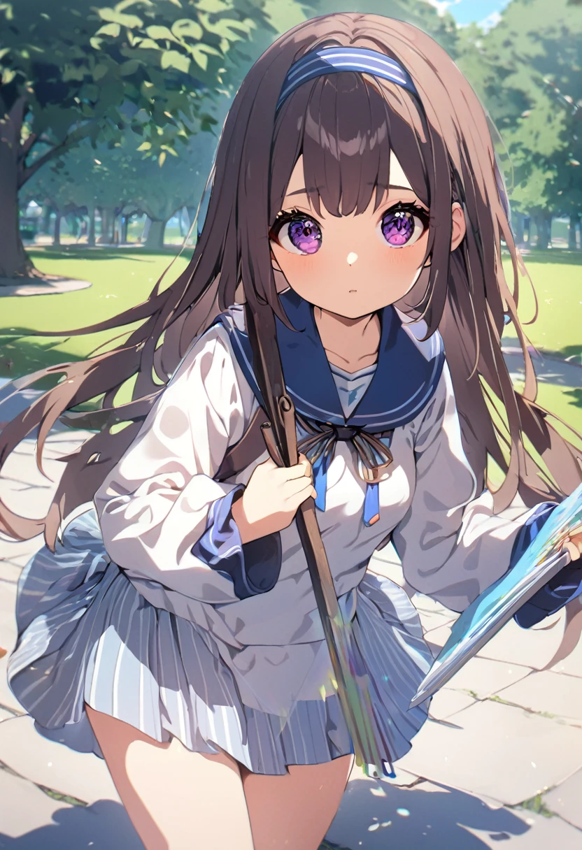 1girl, brown hair, blue eys, waring a stiped dress, mediume breast, long slevees, frekles, long hair, open wave, outdoors, park, daytime, looking at viewers, smioling, cute girl, coloring, high quality, HDR, UHD, standing, hari band