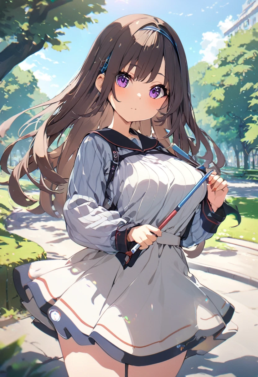 1girl, brown hair, blue eys, waring a  stiped dress, mediume breast, long slevees, frekles, long hair, open wave, outdoors, park, daytime, looking at viewers, smioling, cute girl, coloring, high quality, HDR, UHD, standing,   hari band
