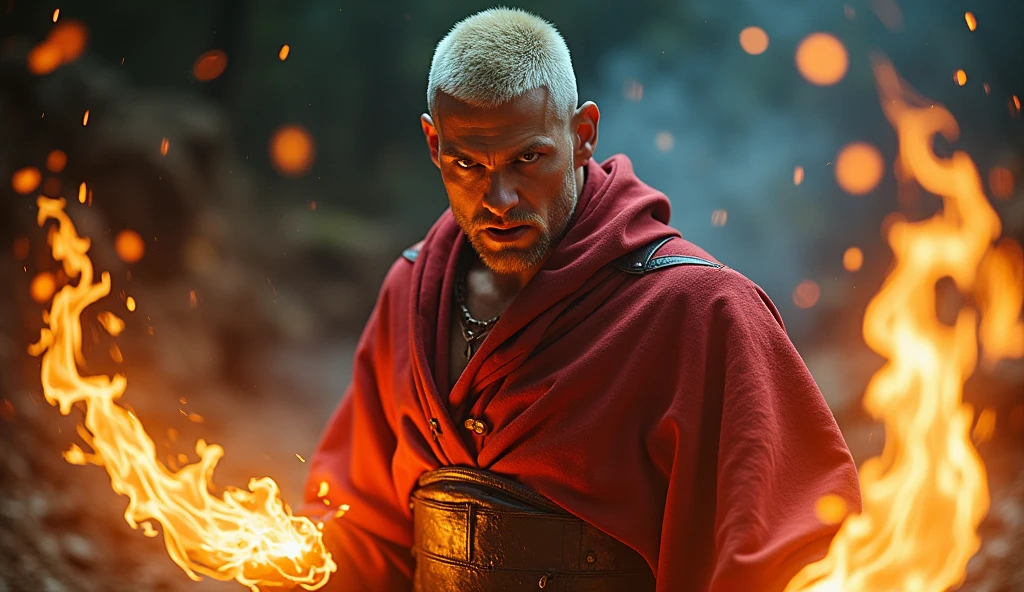 real style,Dutch angle:1.2,double exposure,splash art,Hyperdetailed,Hyperrealistic,Realism,RAW photography of a man wearing a sorcerer outfit,short blonde buzz-cut hair and goatee,as a sorcerer,lightnings,attacking with fire,angry expressions,realistic style,4k ultra fine detailed,cinematic,photo realistic,dynamic lighting,masterpiece,12k,high definition,behance contest winner,smooth,ultra high definition,ultra sharp focus, intricate artwork masterpiece