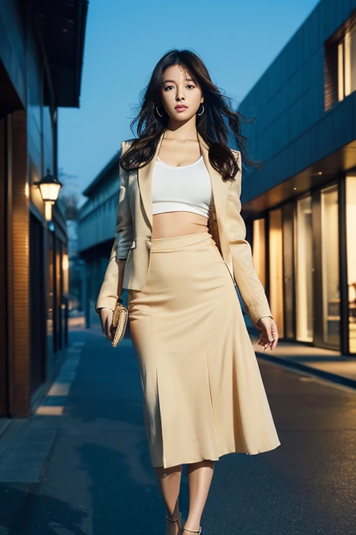 ((Highest quality、Ultra-high resolution、masterpiece))、(Full Body Portrait)、Beige blazer、(Business Blouse:1.1)、(Beige long skirt:1.3)、(silk pantyhose)、(Her high heels and legs look beautiful)、1 girl、(Perfect Anatomy, Perfect body, Perfect hands, Perfect Face, Perfect Eyes, Accurate, Anatomically correct), Perfectly clear and sharp focus, ((Highest quality、Ultra-high resolution, masterpiece, Ultra-realistic))、Mid-chest、Modern architecture at night on the background、Professional Lighting