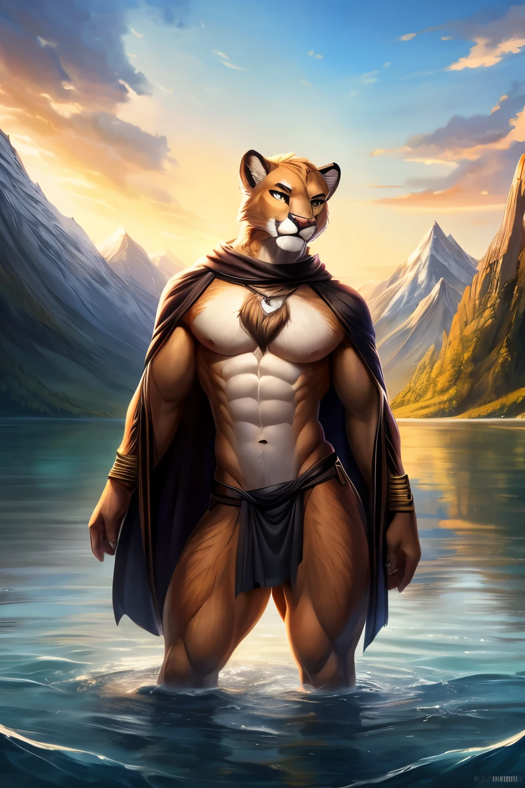 anthro mascle mountain lion, entire body covered in soft, fluffy fur, big muscular chest, volumetric abdomen, sensuous, detailded, Loaded for e621, beautiful and detailded portrait of an anthropomorphic mountain lion (((mascle))), subtract, ross tran, ruanjia, zaush, red fox, bare chested, natural outdoor environment, mountain lake, Standing in knee-deep water, thick and powerful thighs, beautiful  face, realistic lighting, dark cloth around the pelvic region, strong chin, 