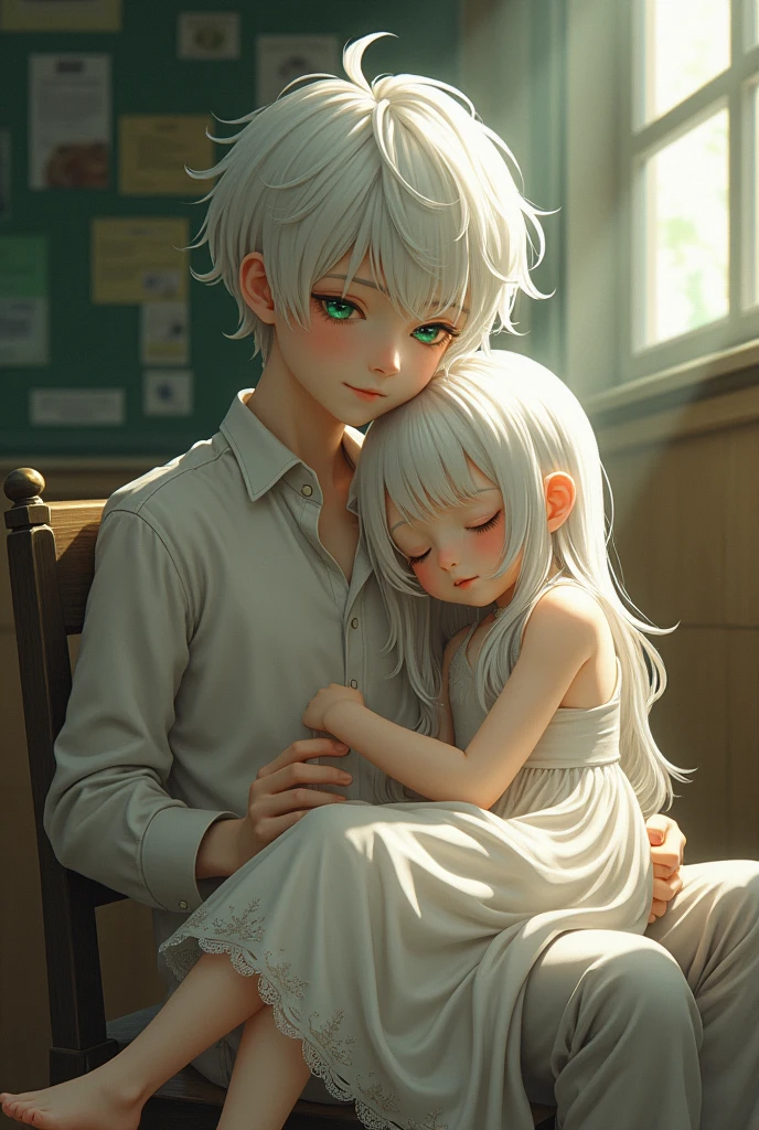 An albino girl on the lap of a tall boy with green eyes, white hair and a mischievous smile at school
