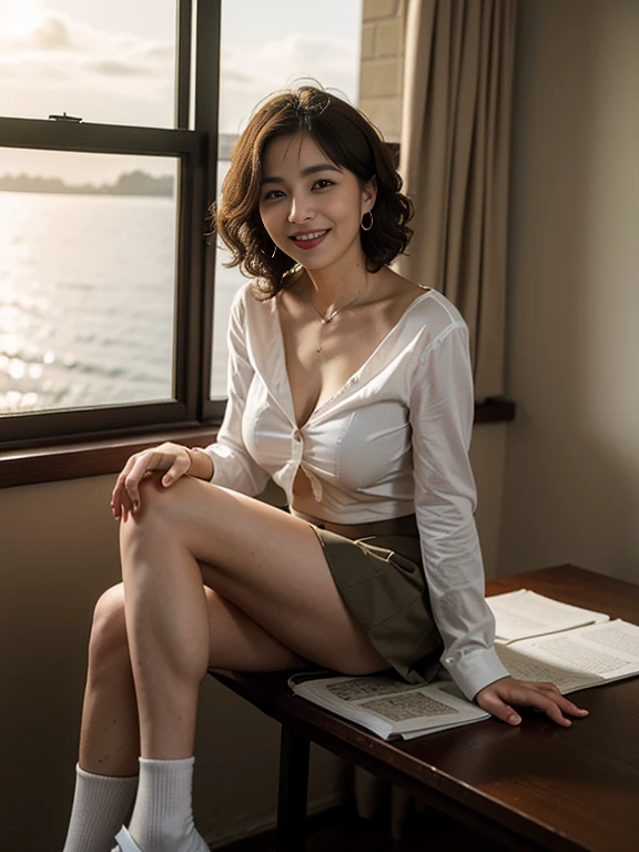 k hd,Plenty of detail, 1 woman,Office room,Secretary,solo, full body Esbian,Uniforms,The shirt inside was unbuttoned...............,Revealing breasts (best qualtiy, tmasterpiece, absurderes: 1.2), face perfect, Very delicate and beautiful, Fine-grained skin texture, Lively glowing skin, Long legs, pureerosface, tense look,lips slightly open,navel,Lace,miniskirt,Transparent pubic hair,Rags,Jewelry Earrings,dyna,lascivious pose、large full breasts、Watching from below、Cleavage is visible、off shoulders、Underwear is visible through the skirt、A smile、A smile、Curly hair、A smile、((After Cum Inside))、(Best Quality, High resolution, masutepiece :1.3), Pretty women,
Against the background of orangey sunset sky、Clouds and sun sink into the ocean, Beautiful schoolgirl in uniform sitting. Her hair is light brown, And、Medium Bob Style. She wears a white blouse and pleated skirt as part of her uniform. She sits with her legs apart, And her gaze is directed to the camera. Create this scene from a low angle shot.
