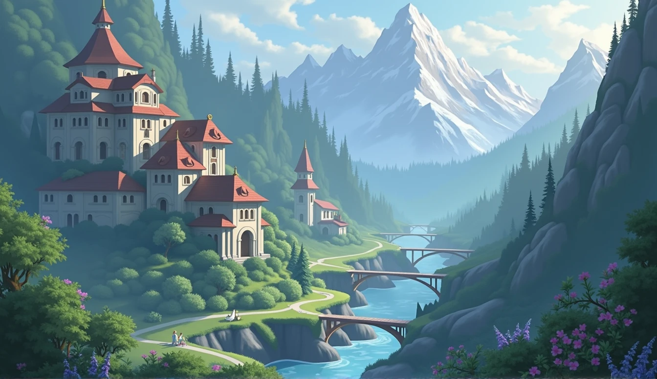 elven village in a mountain forest