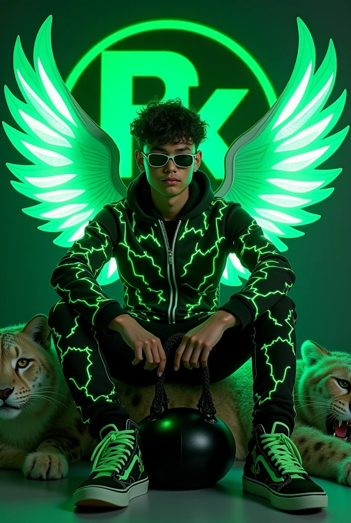 Create a 3D illusion for a profile picture where a 18 Year old attitude boy in a sunglasses and green and black lightning dress Sitting casually on a helicopter fantasy . With a green neon light HandPanch hand. And a ferocious peregrine White Cheetah by my side. Wearing sneakers, he looks ahead. The background features big ‘R.k” in big Light gaming Room and capital green neon light fonts on the black big wall. There should not be his shadow, and there are wings to make