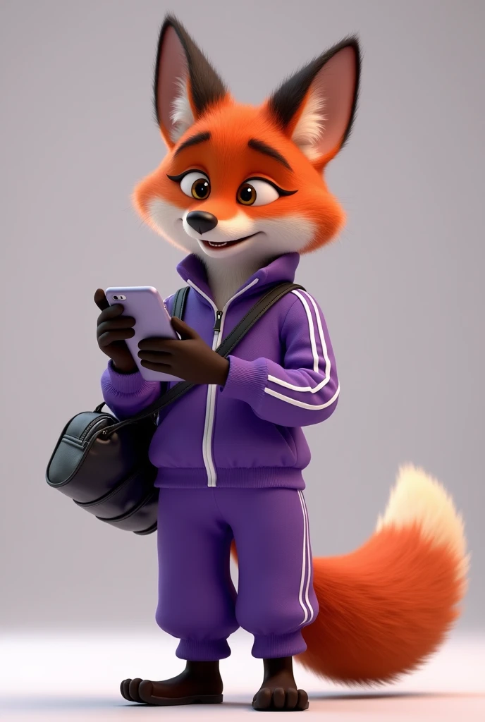 A 3D Disney Pixar style fox wearing a purple tracksuit holding a cell phone and looking intently at it and happy wearing a stylish black bag showing off