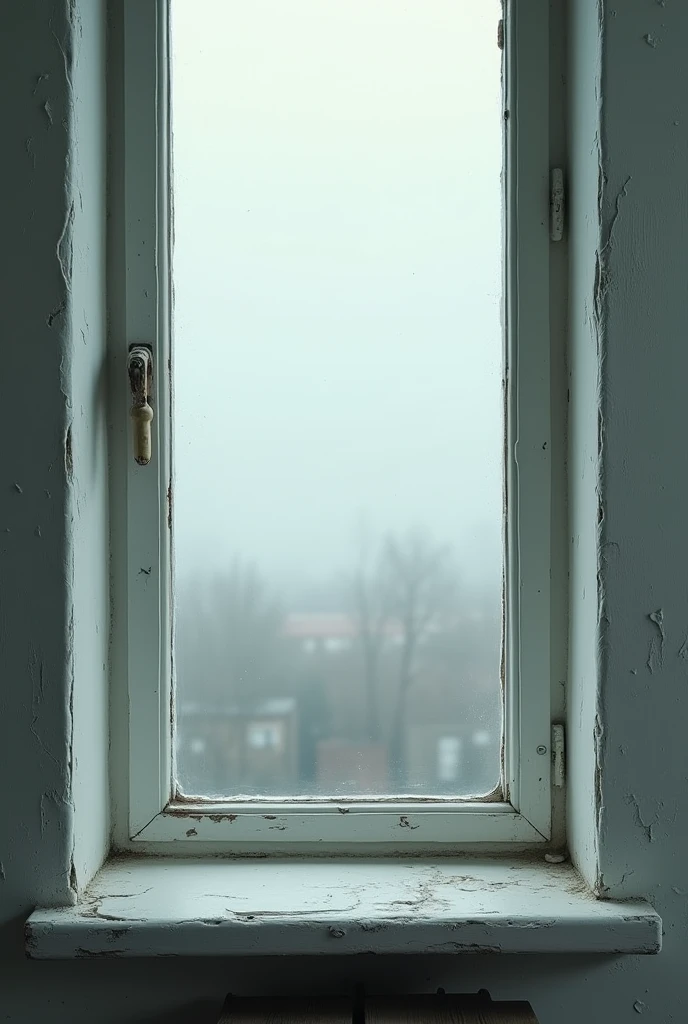 Old window sill painted white, From the window you can see a dull and grey sky. Nostalgia