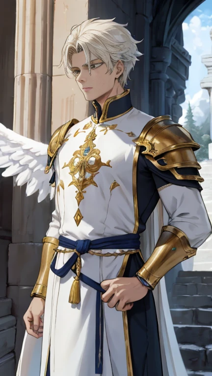 The image features a character who combines human and robotic elements, standing out in a dark environment that intensifies the dramatic and mysterious atmosphere of the scene. The character has a humanoid body, with a head, torso and arms, but his appearance is marked by a metallic coating that reflects a fusion of technology and mysticism. White wings extend from his back, giving him an angelic or supernatural aura. He wears a tunic made of a luxurious and resistant fabric, designed to provide comfort without sacrificing durability in combat. The tunic is a pristine white that symbolizes purity and holiness, with its long, flowing cut reminiscent of the graceful lines of ancient Greek chitons. Intricate blue patterns adorn the shoulders of the garment, adding a touch of nobility to his attire. Beneath this elegant outer layer, the character wears a lightweight yet durable armor that covers his entire body. Made of a unique metal alloy, the armor combines flexibility with robust protection against impacts and blades. Its ingenious design ensures unrestricted mobility while protecting confined areas with effective defense. The harmonious fusion between the elegance of the tunic and the functionality of the armor not only highlights the character's physical power but also reflects his unwavering dedication to high ideals. This philosophy is further emphasized by the choice of serene colors and the style reminiscent of classical heroes; in addition, he wears his armor under the white robes with