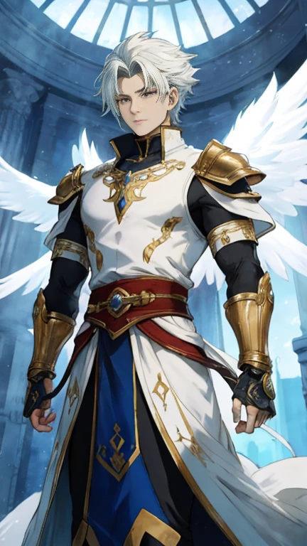 The image features a character who combines human and robotic elements, standing out in a dark environment that intensifies the dramatic and mysterious atmosphere of the scene. The character has a humanoid body, with a head, torso and arms, but his appearance is marked by a metallic coating that reflects a fusion of technology and mysticism. White wings extend from his back, giving him an angelic or supernatural aura. He wears a tunic made of a luxurious and resistant fabric, designed to provide comfort without sacrificing durability in combat. The tunic is a pristine white that symbolizes purity and holiness, with its long, flowing cut reminiscent of the graceful lines of ancient Greek chitons. Intricate blue patterns adorn the shoulders of the garment, adding a touch of nobility to his attire. Beneath this elegant outer layer, the character wears a lightweight yet durable armor that covers his entire body. Made of a unique metal alloy, the armor combines flexibility with robust protection against impacts and blades. Its ingenious design ensures unrestricted mobility while protecting confined areas with effective defense. The harmonious fusion between the elegance of the tunic and the functionality of the armor not only highlights the character's physical power but also reflects his unwavering dedication to high ideals. This philosophy is further emphasized by the choice of serene colors and the style reminiscent of classical heroes; in addition, he wears his armor under the white robes with