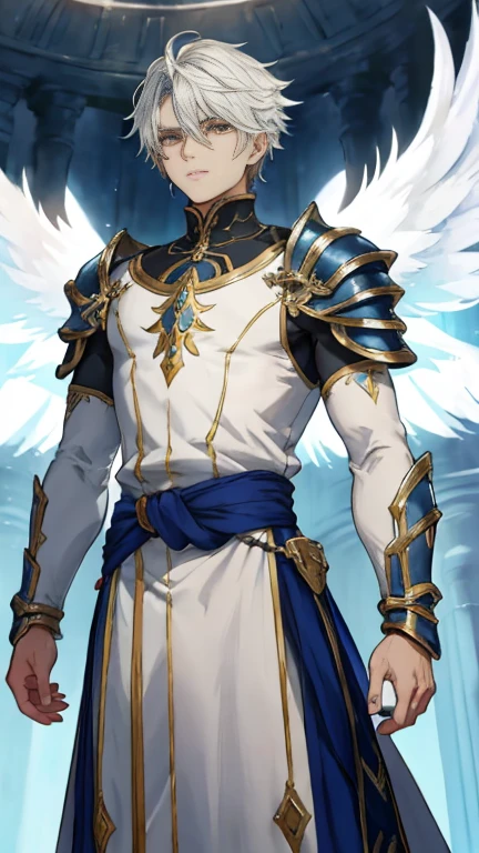 The image features a character who combines human and robotic elements, standing out in a dark environment that intensifies the dramatic and mysterious atmosphere of the scene. The character has a humanoid body, with a head, torso and arms, but his appearance is marked by a metallic coating that reflects a fusion of technology and mysticism. White wings extend from his back, giving him an angelic or supernatural aura. He wears a tunic made of a luxurious and resistant fabric, designed to provide comfort without sacrificing durability in combat. The tunic is a pristine white that symbolizes purity and holiness, with its long, flowing cut reminiscent of the graceful lines of ancient Greek chitons. Intricate blue patterns adorn the shoulders of the garment, adding a touch of nobility to his attire. Beneath this elegant outer layer, the character wears a lightweight yet durable armor that covers his entire body. Made of a unique metal alloy, the armor combines flexibility with robust protection against impacts and blades. Its ingenious design ensures unrestricted mobility while protecting confined areas with effective defense. The harmonious fusion between the elegance of the tunic and the functionality of the armor not only highlights the character's physical power but also reflects his unwavering dedication to high ideals. This philosophy is further emphasized by the choice of serene colors and the style reminiscent of classical heroes; in addition, he wears his armor under the white robes with
