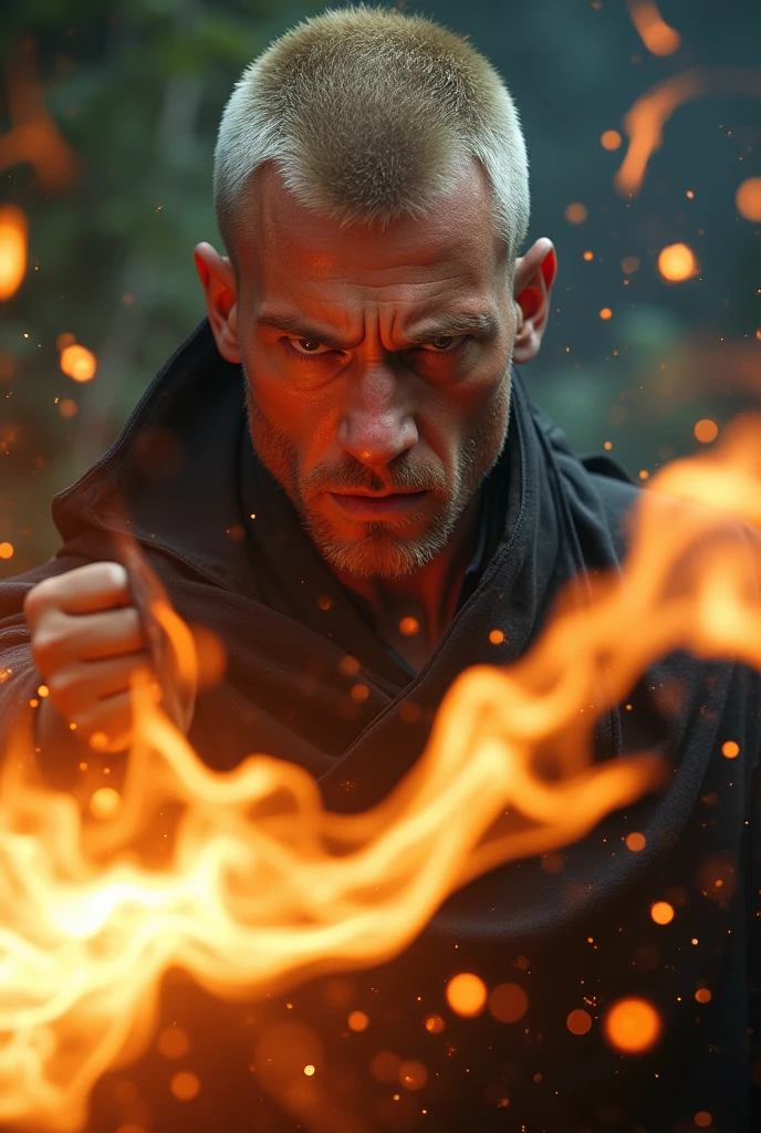 real style,Dutch angle:1.2,double exposure,splash art,Hyperdetailed,Hyperrealistic,Realism,RAW photography of a man wearing a sorcerer outfit,short blonde buzz-cut hair and goatee,as a sorcerer,lightnings,attacking with fire,angry expressions,realistic style,4k ultra fine detailed,cinematic,photo realistic,dynamic lighting,masterpiece,12k,high definition,behance contest winner,smooth,ultra high definition,ultra sharp focus, intricate artwork masterpiece