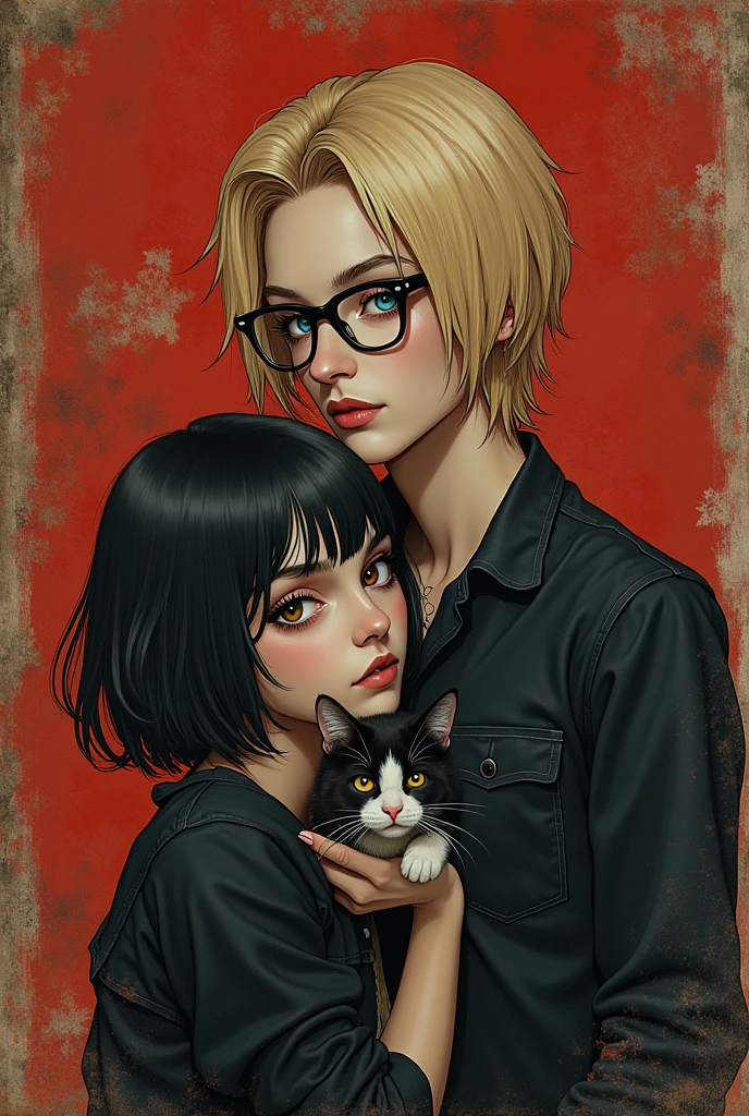 for metal rock band named 'Tomatoes in your Bloody Head', put the nam of the band on the image, with detailed letters. put a brazilian emo girl (with light skin and drak short hair and brown eyes) and a german guy (tall with blonde long hair, blue eyes, wearing glasses) on the imagem. the guy its 190cm, the girl is 157cm. the guy its thin and really pale skin. his hair is really long. put a tuxego cat ON THE GIRL'S HAND