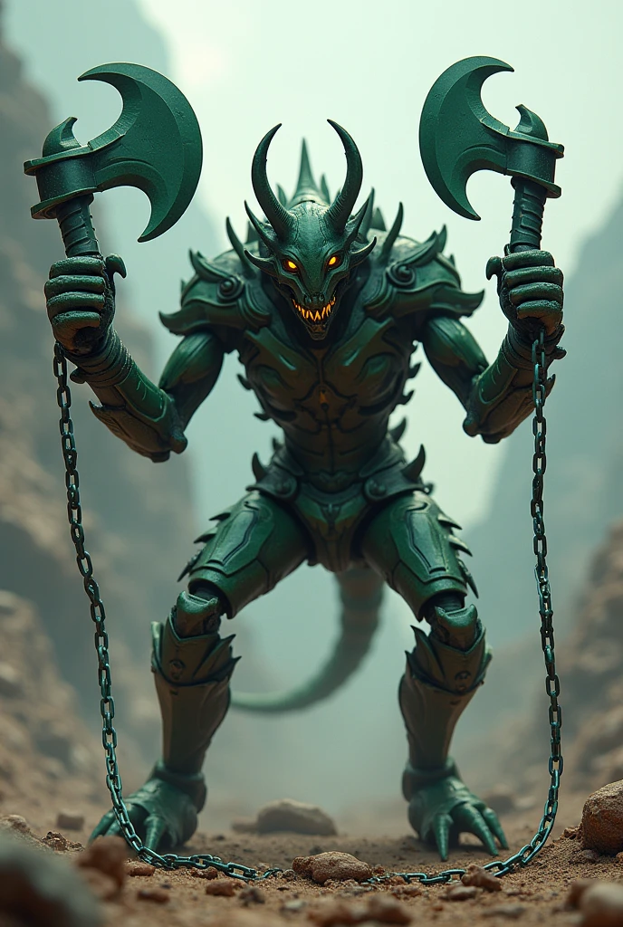 Predator in scorpion suit holding green axes with chains