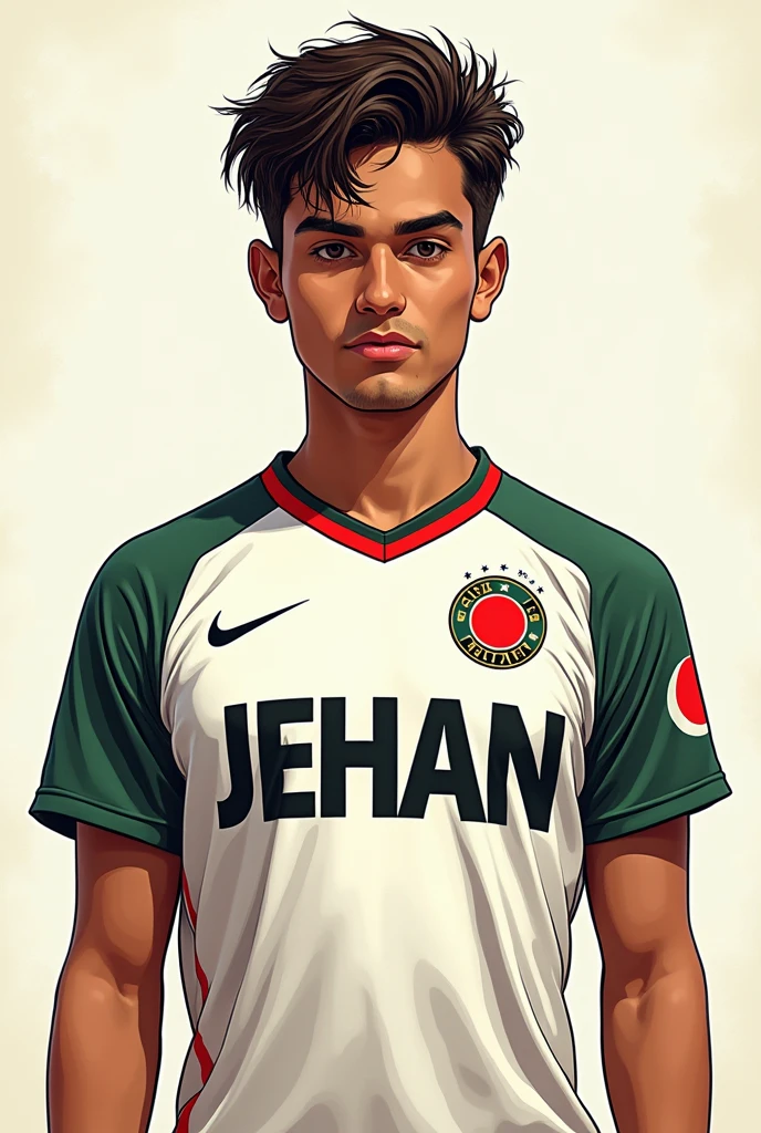 A 23 years age boy with mustang 
Brunette skin tone
Bangladeshi face cutting
with a jersy sketch art 
His jersy name is JEHAN  with big Alphabet 4k

