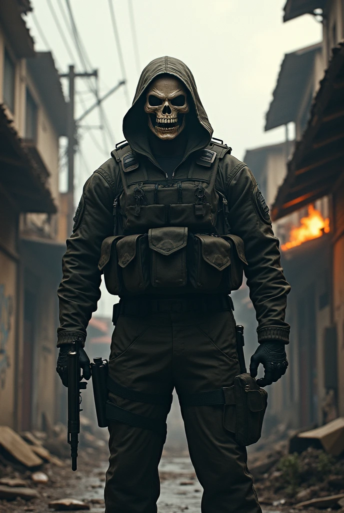 Soldier wearing a skull mask in a favela in Rio de Janeiro amidst gunfire 
