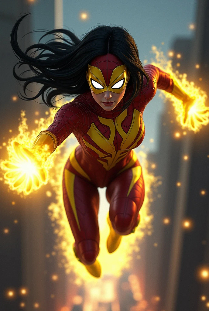 Megan fox black hair yellow and red mask covering her eyes with white lenses, jumping from a building one hand with webs while the other releases a burst of energy beams yellow shocks, looking at the horizon at night, wearing a yellow and red suit