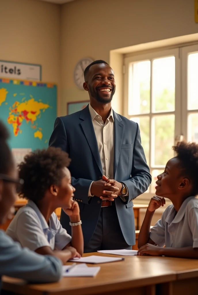 An African teacher in a suit smiling with his students in class