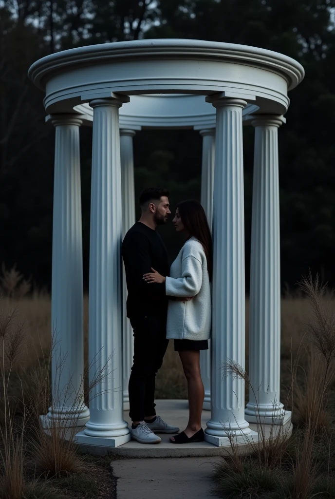 In a white marble gazebo under the dark night, A couple is separated by one meter, each supported on opposite columns. the man, black dress, and the woman, with a white sweater, They remain motionless in a tense atmosphere. Weeds grow out of control around, adding a desolate air to the scene. The gazebo is far away and the surrounding nature stands out