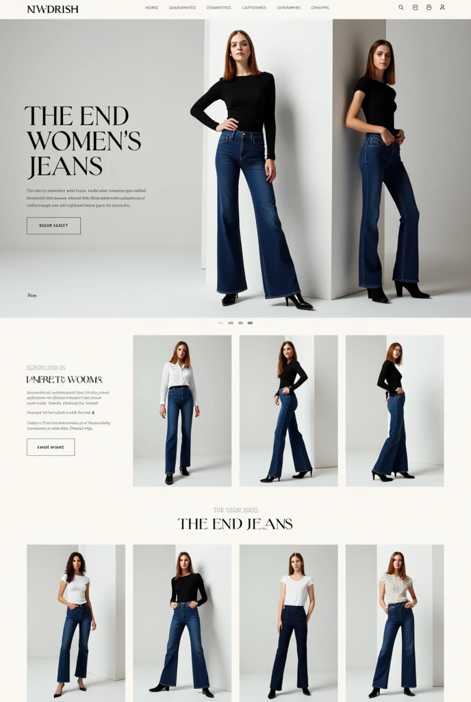Website presentation for a women's jeans store, black and white colors