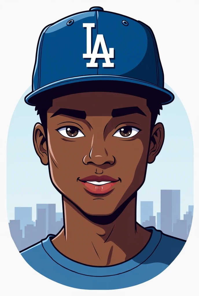 Make a logo-type image that has a dark-skinned boy of about 19 years old wearing a new era Los Angeles Doger cap and the cap is new
