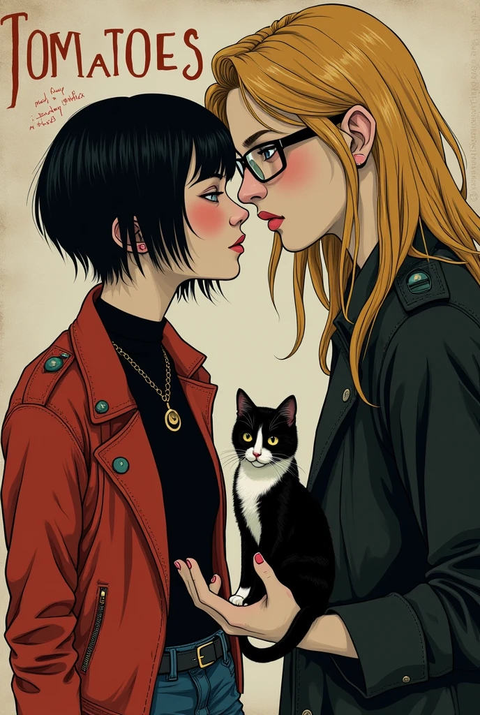 for metal rock band named 'Tomatoes in your Bloody Head', put the nam of the band on the image, with detailed letters. put a brazilian emo girl (with light skin and drak short hair and brown eyes) and a german guy (tall with blonde long hair, blue eyes, wearing glasses) on the imagem.  the guy its 190cm, the girl is 157cm. the guy its thin and really pale skin. his hair is really long. put a tuxego cat ON THE GIRL'S HAND