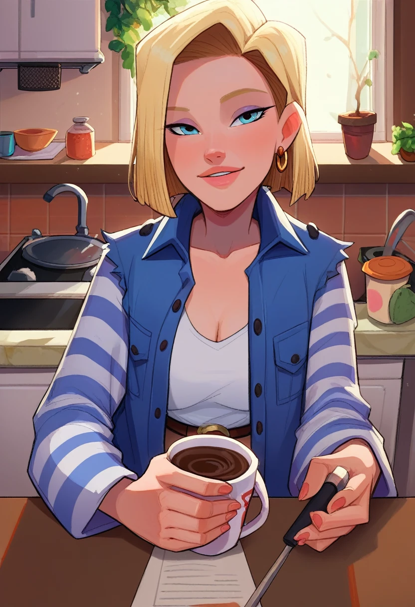 Jabstyle, android 18, pov, hone kitchen, housecoat, loving expression, offering coffee to viewer, early morning, shadows