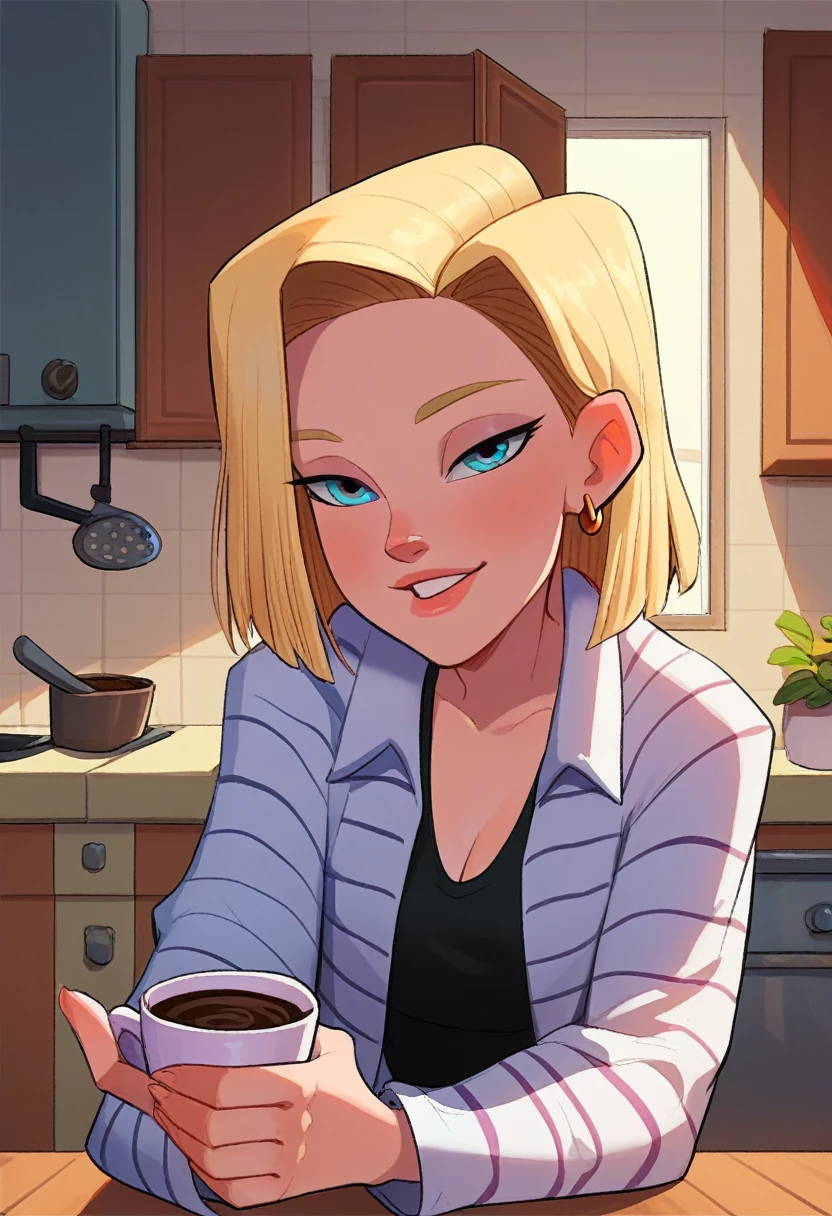 Jabstyle, android 18, pov, hone kitchen, housecoat, loving expression, offering coffee to viewer, early morning, shadows