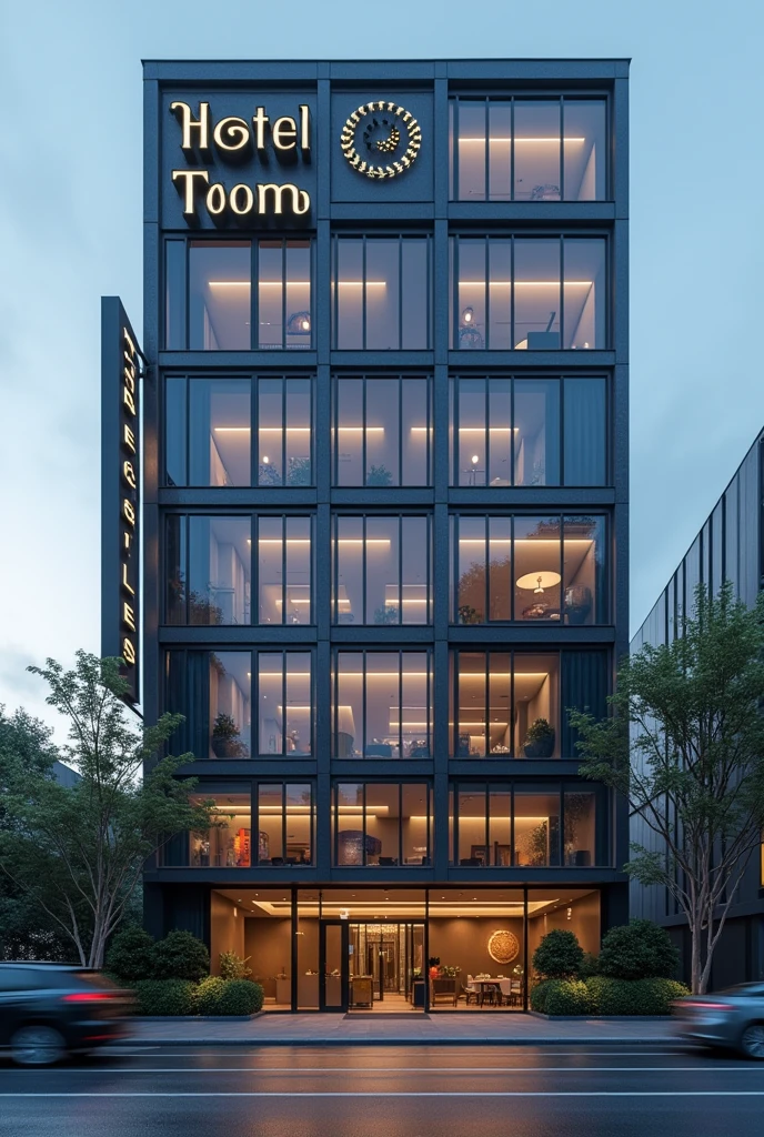 (Photorealism:1.2), facade of a business hotel called "Hotel Troom" sem logo