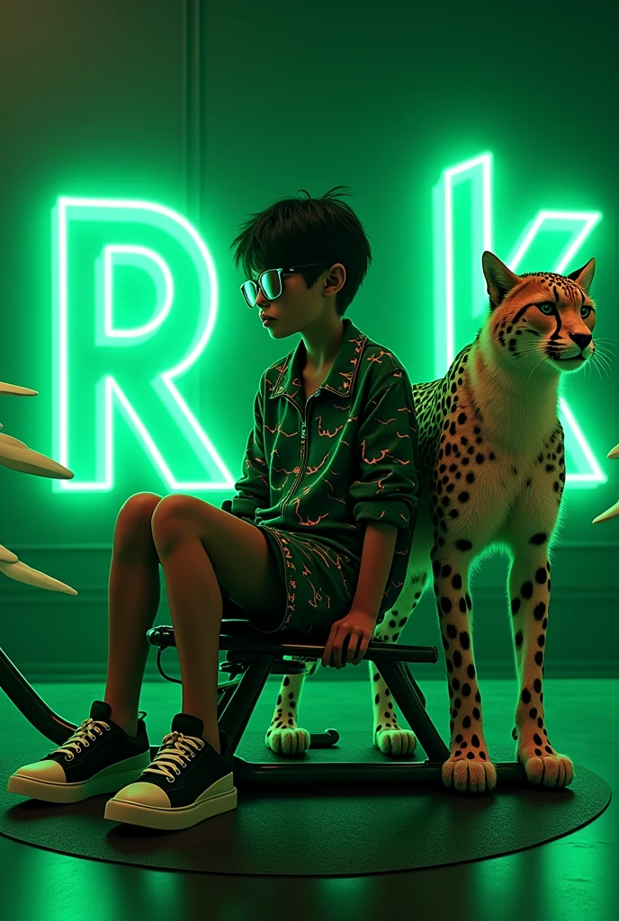 Create a 3D illusion for a profile picture where a 18 Year old attitude boy in a sunglasses and green and black lightning dress Sitting casually on a helicopter fantasy . With a green neon light HandPanch hand. And a ferocious peregrine White Cheetah by my side. Wearing sneakers, he looks ahead. The background features big ‘R.k” in big Light gaming Room and capital green neon light fonts on the black big wall. There should not be his shadow, and there are wings to make