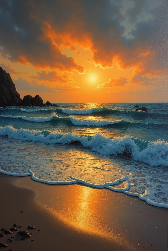 simple painting on canvas of a beach landscape at sunset with the ocean wave breaking and with darker colors, with the sun reflecting on the water