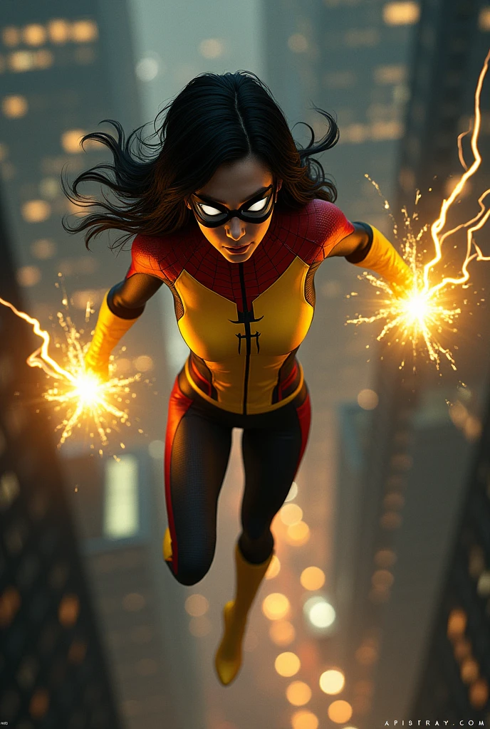 Megan fox black hair yellow and red mask covering her eyes with white lenses, jumping from a building one hand with webs while the other releases a burst of energy beams yellow shocks, looking at the horizon at night, wearing a yellow and red suit
